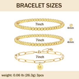 14K Gold Plated Stackable Initial A-Z Beads Bracelet for Women with Letter Pendant Stretch Trendy Stack Jewellery Set for Valentine's Day Jewellery Gifts, 7", Stainless Steel, No gemstone