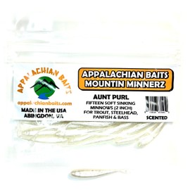 Appalachian Baits Aunt Purl Split Tail Mountin Minnerz, 2" Soft Sinking Fishing Bait Minnows, Scented, (Trout, Steelhead, Panfish), (15 Count)