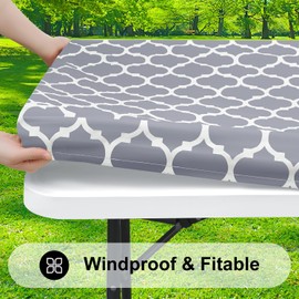Smiry Rectangle Picnic Tablecloth, Waterproof Elastic Fitted Table Covers, Wipeable Flannel Backed Vinyl Tablecloths for Camping, Indoor, Outdoor (Grey Morocco, 24x48 Inches)