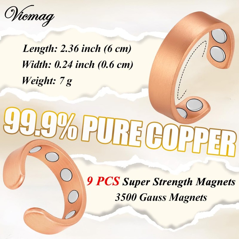 Vicmag 2PCS Copper Magnetic Rings for Women & Men, 9X