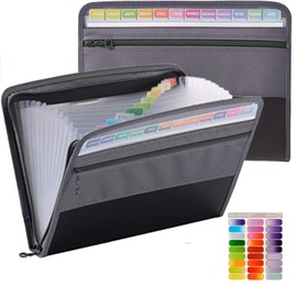 Marte Vanci Expanding File Folder A4 Document Organiser Zipper Closure File Folder Organiser 13 Pockets Plastic Accordion Filling Box with Coloured Labels for Paperwork Stationery Office School