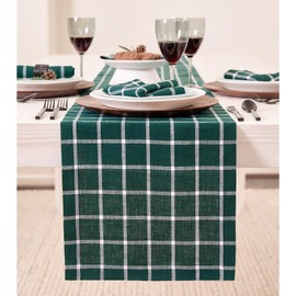 Solino Home Plaid Linen Table Runner 90 Inches Long - 100% Pure Linen Dark Green Check Table Runner 14 x 90 Inch - Handcrafted and Machine Washable Fabric - Windowpane