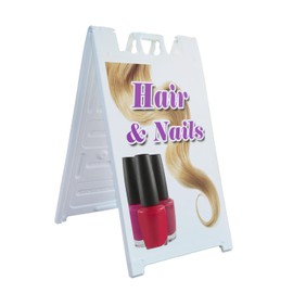 A-Frame Sidewalk Hair & Nails 24" x 36" Double Sided A-Frame Sidewalk Sign, Includes 2 Installed Vinyl Decals | Foldable Portable White Signicade Sandwich Board Signs