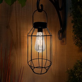 CBAXEAXM Solar Outdoor Lantern Waterproof, Vintage Edison Bulb Hanging Light, Metal Cage Design with Warm White LED, Solar Powered Decorative Light for Garden, Patio, Yard, Round