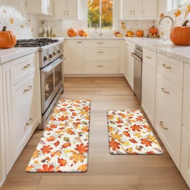 SHACOS 2 Pcs Fall Anti Fatigue Kitchen Mats Orange Maple Leaves Acorn Nuts Autumn Non Slip Cushioned Floor Mat for Kitchen Ergonomic Standing Mats Home Decor, 17x27.5+17x47, Maple & Acorn