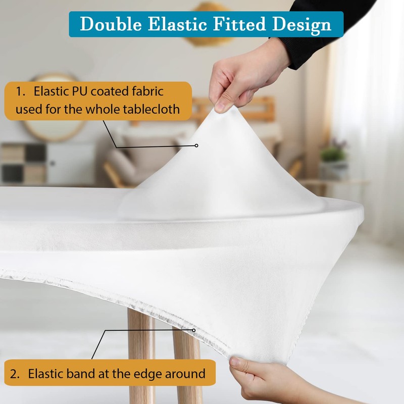Rinpon Double Fitted Design PU Round Fitted Tablecloth, Anti-Tear Wipeable