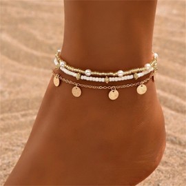 Shell Ankle Bracelet Set for Women,Boho Adjustable Beads Anklet Pack Natural White Shells Stack Stretch Seashell Pearl Starfish Bracelet Set Hawaiian Beach Vacation Foot Jewelry (B-Beads Disc 3Pcs)