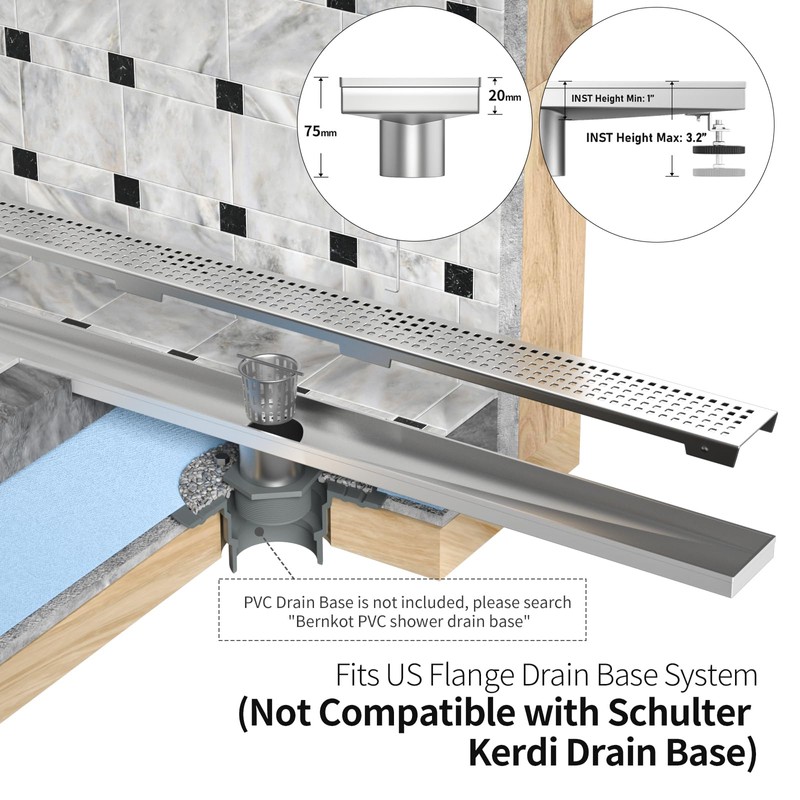 Bernkot Linear Shower Drain 30", 304 Stainless Steel Floor Drain