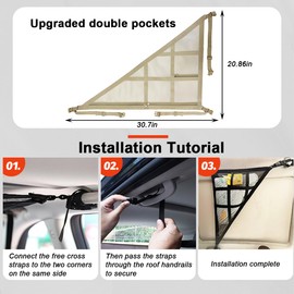 Norkmdi Car Ceiling Cargo Net Pocket, Double-Layer Mesh Strengthen Load Bearing Vehicle Roof Storage Organizer, Auto Interior Cargo Net with Zip Seal, Compatible with Three Handles Vehicle (Beige)
