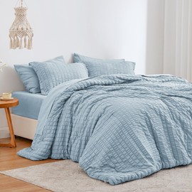 Love's cabin Seersucker Light Blue Twin Comforter Set 5 Pieces, All Season Bedding Set, Twin Bed in a Bag Comforter Set with Comforter, Flat Sheet, Fitted Sheet, Pillowcase and Pillow Sham