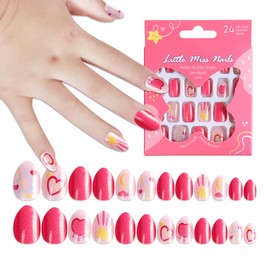 Kids Short Press on Nails Almond Fake Nails Red Glitter Adhesive False Nails Heart Star Press ons Acrylic Artificial Nails for Children 24 Pcs