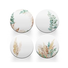 4 x Round Sage Green Coasters - Leaves Leaf Pattern Floral Women Set Theme House Warming Circle Drinks Kitchen Decoration Décor Gift #80207