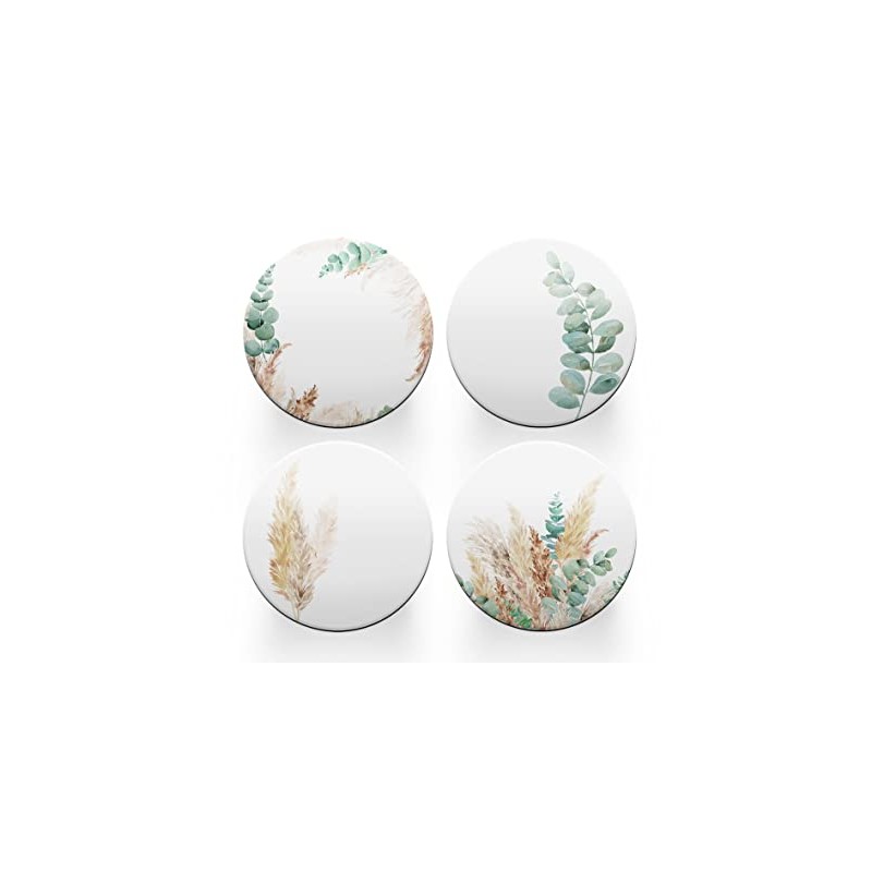 4 x Round Sage Green Coasters - Leaves Leaf Pattern