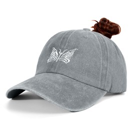 HeyCaps Ladies Cotton Butterfly Embroidery Ponytail Opening Baseball Cap - Summer Sun Hat, gray, Unit size