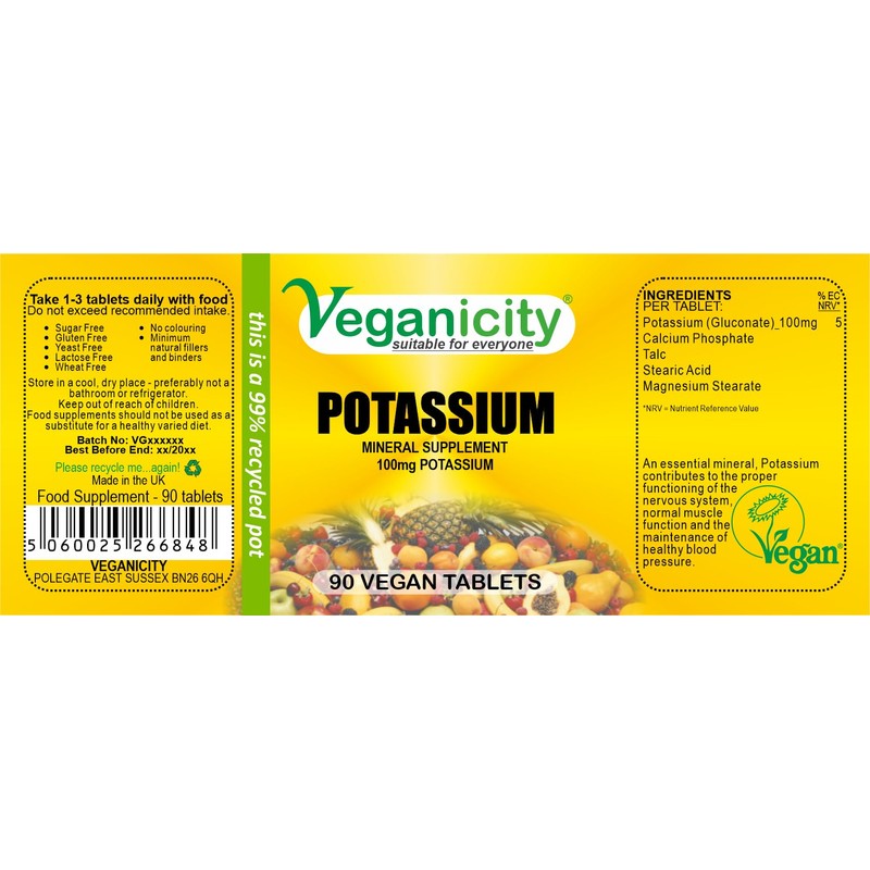 Veganicity Potassium 100mg : Bone & Joint Health Supplement :
