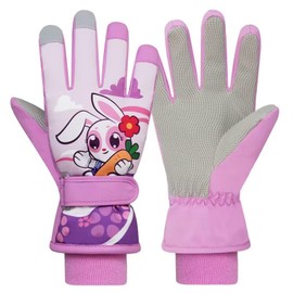 Jupsk Kids Winter Ski Gloves Waterproof Anti Slip Fluffy Thermal Snowboard Purple Bunny Gloves for Children Girls Boys Age 4-7