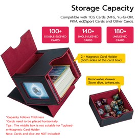 Tolesum MTG Deck Box with 2 Commander Displays, 35pt Magnetic Card Holder Shop Window, Fits 100+ Double Wrapped Cards, Trading Card Box for Magic Commander TCG Cards with Cube Compartment, Black/Red