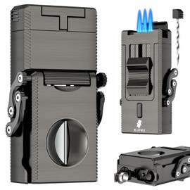 XIFEI Triple Jet Torch Lighter, 5-in-1 Men's Gift with Built-in Cigar Punch, Holder, Draw Enhancer, Foldable V-Cut Cutter, Windproof and Refillable (Gray)