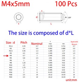 M4-0.7 x 5mm Black Hex Socket Set Grub Screws,Headless Cup Point,Flat Point Grub Bolt,Internal Hex Drive,Alloy Steel,12.9 Class Carbon Steel，External Thread 100 Pcs