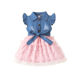 Toddler Girl Summer Dress Baby Ruffle Short Sleeve Denim Tulle Dress Toddler Fairy Prom Tutu Princess Sundress Cute Outfit 18 24 Month Girl Clothes