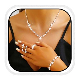 Reaky Bridal Jewelry Sets Rhinestone Necklace 4 Pcs Silver Earrings and Necklace Set Bride Wedding Jewelry for Women (Silver)