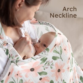 Yoofoss Muslin Nursing Cover for Breastfeeding, 100% Cotton Breastfeeding Cover with Arch Neckline, Soft Breathable Privacy Nursing Covers for Women, Multi-use Breastfeeding Essentials-Flowers