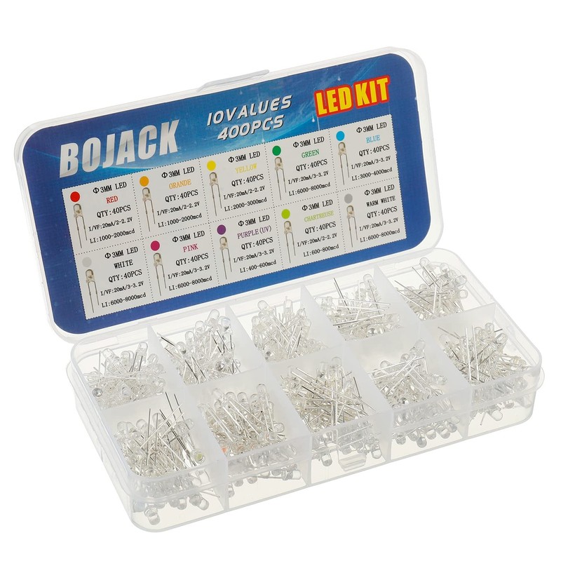 BOJACK 10 Colors 400 pcs 3mm LED Diode Lights Assored