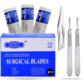 MuskalMed Pack of 100 Blades #11, Scalpel Blades for Knife Scalpel, High Carbon Steel Dermablade Blades. Individually Wrapped, Sterile + Free 2 Handle #3