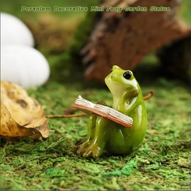 Poranlem Decorative Reading Frog Figurine Mini Resin Green Frog Garden Statue Book-Loving Frog Ornament Fairy Yard Planter Car Home Shelf Decor 1.8” in Height ﻿