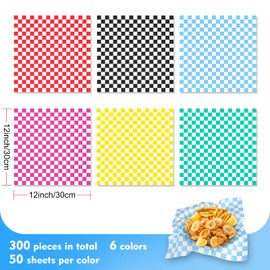 300 Sheets Deli Paper Wax Paper Sheets for Food ROOKEA 12x12 inch Colorful Checkered Sandwich Wrap Paper Picnic Food Basket Liner Food Paper Sheets for Baking Kitchen Home Baby Shower Party Supplies