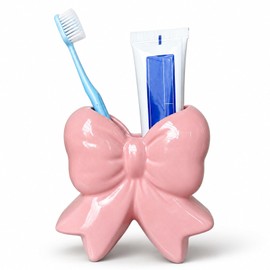 Pink Bow Ceramic Toothbrush Holder, Coquette Bow Vase Multi-Purpose Storage Holder for Toothpaste, Makeup Brushes, Pen, Elegant Pink Home Decor for Bathroom, Bedroom & Office