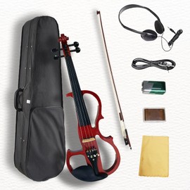 Ceciliec Electric Violin, 4/4 Full Size Solid Silent Fiddle with Ebony Fittings, Silent Electric Violin Kit for Beginner Students (Mahogany)