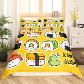 Bambini Sushi - Parure da letto 140 x 200 cm, in stile giapponese, per ragazze, motivo: Sushi giapponesi, copripiumino traspirante in griglia gialla, con motivo a quadri Room Decor