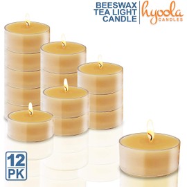 Pure Beeswax Tea Lights - 12 Pack - Handmade Decorative Unscented - Tealight Candles - 4 Hour Burn Time, Clear Cup