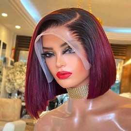 HIRIREMY Ombre 99J Burgundy Lace Front Bob Wigs Human Hair 13x4 HD Lace Frontal Wigs Glueless Short Straight Bob Wigs for Black Women Human Hair Pre Plucked Natural Hairline 1B/99J 12 Inch