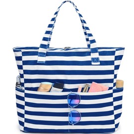 LEDAOU Large Beach Bag with Zip Women's Waterproof Shoulder Bag Tote Bag Shopper Sandproof with Zip Pool Fitness Travel Bag Family, Blue and white stripes, 17.5 x 15.7 x 8 zoll, Contemporary