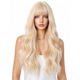 Light Blonde Long Wavy Wig with Bangs for Women Synthetic Wigs 26 Inch