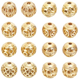 Beebeecraft 1 Box 32Pcs 8 Style Hollow Filigree Beads Real 18K Gold Plated Golden Round Ball Jewelry Spacer Loose Beads Metal Craft Accessories Bulk for DIY Necklace Charm Bracelet Jewellery Making