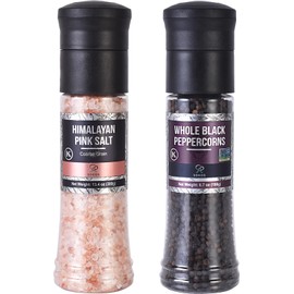 Soeos Whole Black Peppercorns, 6.7oz (190g) and Himalayan Pink Salt, 13.4oz (380g), Plastic Bottle Grinder with Spice Grinder with Salt and Pepper Shaker, Salt and Pepper Set.