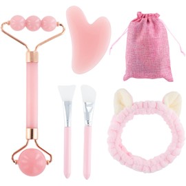 Rose Quartz Face Roller Gua Sha Set, Face Roller & Gua Sha Stone Massage Tool for Eye Puffiness Treatment, Facial, Neck and Body Muscle Relaxing