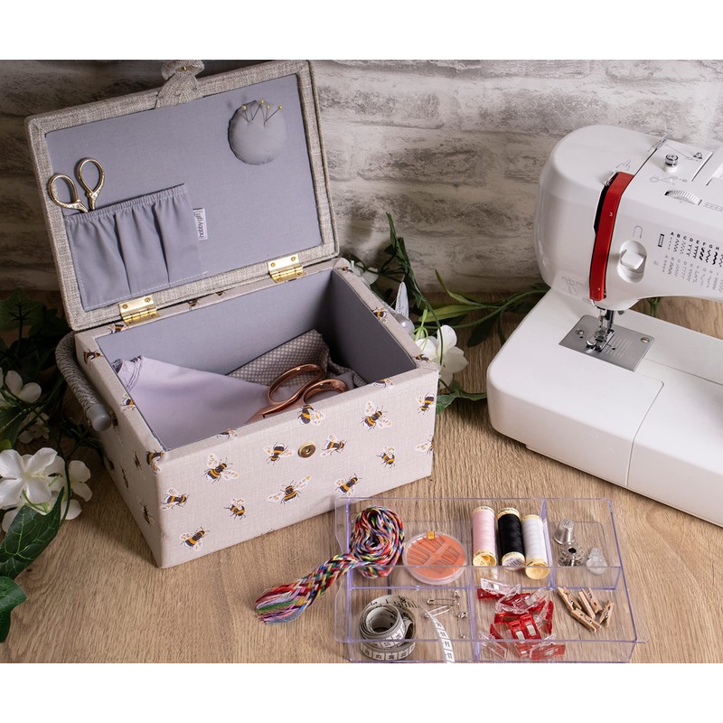 Hobby Gift Sewing Box, Wood/Fabric, Embroidered Bee, Medium