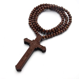 Hip-Hop Natural Wood African Map Cross Allah Pendant 8MM Wooden Bead Chain Rosary Necklaces for Men Women Boys-Brown Cross