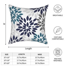 Navy Blue Teal Grey Throw Pillows Cover 18x18 Inch Aqua Gray Dahlia Geometric Flower Pillow Covers 2 Pcs Summer Floral Outdoor Pillow Case Decorative Cushion Cover for Home Couch Bed Sofa Decor