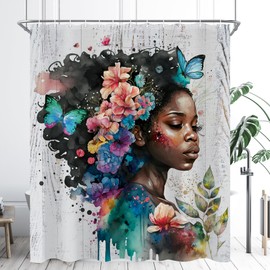 oolygoo African American Black Girl Shower Curtain 60"X72" Afro Teal Flower Butterfly Shower Curtain Set for Bathroom Black Woman Wooden Lady Bathtub Curtain Decor Bathroom Curtain with 12 Hooks