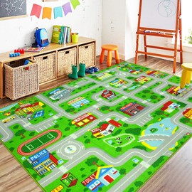 Capslpad Green Car Road Kid Rug Carpet Playmat for Playoom Traffic Road Kids Play Mat for Toddler Non Slip Washable City Map Race Track Carpet Rug for Kids Room Bedroom Nursery Room Decor,6.6'x5'