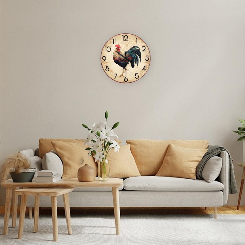 XNM Brown Rooster Wall Clocks Battery Operated 14 Inch Farmhouse