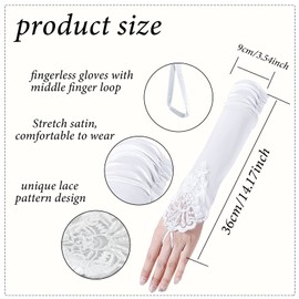 Andiker Fingerless Long Evening Gloves, Opera Elbow Lace Satin Gloves, Bridal Women Mittens for Wedding Party (White)