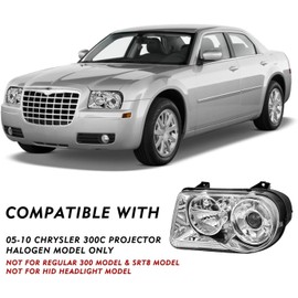 TUSDAR Halogen Projector Headlight Assembly Set Fits for 2005-2010 Chrysler 300C Headlamp Driver and Passenger Side Bulbs Included