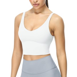 icyzone V Neck Sport Bra for Women, Wireless Padded U Back Yoga Running Bra(White,XL)