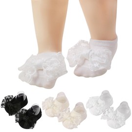 LIYAZHIL 3 Pairs Baby Girls Socks, Lace Bow Non-Slip Grips Sock Toddler Princess Low Cut Ankle Socks for Newborn,Infant (US, Age, 0 Months, 6 Months, Beige, Black, White)